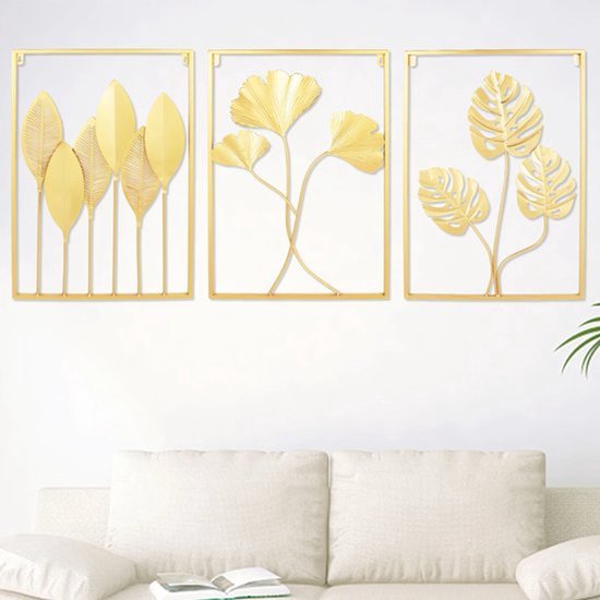 Collox Gouden wanddecoratie - Schilderij - Muurschildering - 3-delig - Bloemen - Bladeren - Metaal - Woonkamer - Slaapkamer - 3D effect - 60 x 40 x 1 cm van Merkloos