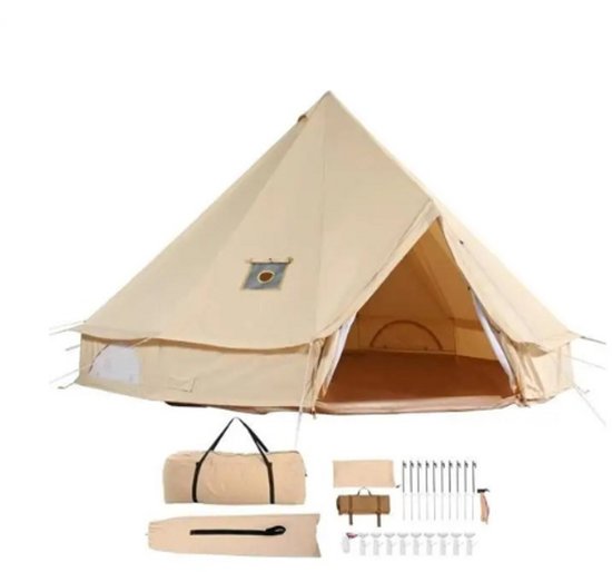 Collox Kampeertent - Tipt tent - Beltent - Diameter 3 M - Geschikt voor 3-4 personen - geschikt katoen en PVC grondplaat - Met kachelkrik - Beige van Collox