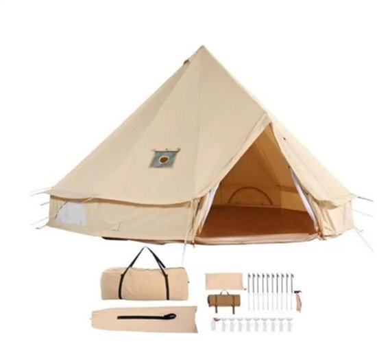 Collox Kampeertent - Tipt tent - Beltent - Diameter 3 M - Geschikt voor 3-4 personen - geschikt katoen en PVC grondplaat - Met kachelkrik - Beige