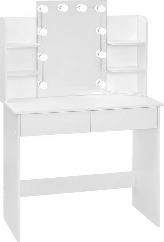 Collox Kaptafel - Met led verlichting en spiegel - Make-up tafel - Met 2 laden en 4 opslagplanken - Waterbestendig - 90x40x125 cm - Wit