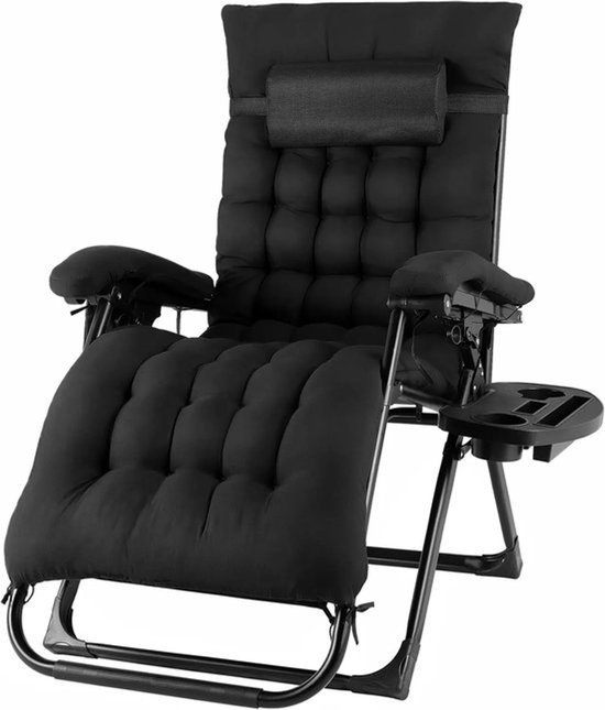 Collox Ligstoel - Opvouwbaar - Loungestoel - Verstelbaar met hoofdsteun en bekerhouder - Verwijderbaar comfortabel katoenen kussen - Geschikt voor tuin, zwembad, balkon - Max. 160 kg - 2 stuks - Zwart van Merkloos