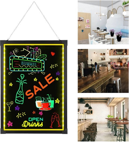 Collox Verlicht schrijfbord - Menubord - Welkomstbord - Uitwisbaar - LED verlichting - Neon effect - 7 kleurvariaties - 18 combinaties lichteffecten - Inclusief 8 TL pennen - 50 x 70 cm
