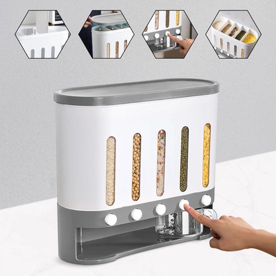 Collox Voedseldispenser - Rijst opslag - Droog voedsel - 5 vakken - Capaciteit grote vakken 2,1 kg en kleine vakken 1,6 kg - Met transparant visueel venster - 40x15x34 cm - Wit van Merkloos