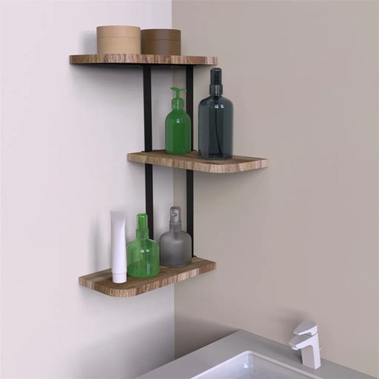 Collox Wandplank - Zwevend - Hoekplank - Opslag - 3 laags - Op verschillende manieren in elkaar te zetten - Grenenhout met zwart frame - 13 x 25,9 x 43,7 cm van Collox