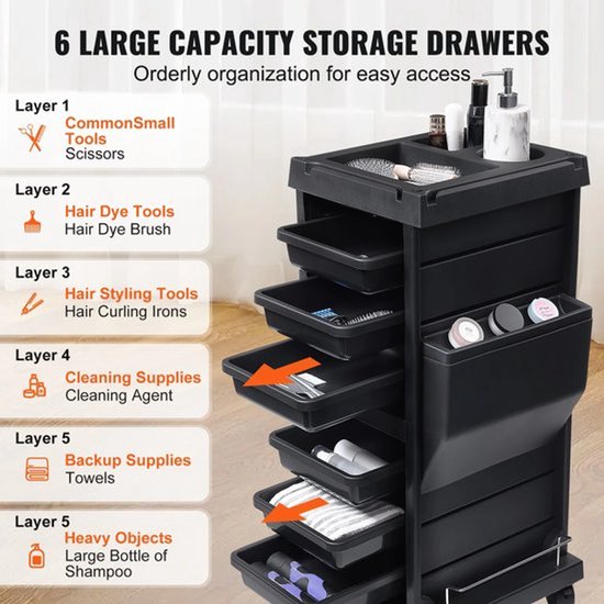 Collox Werkwagen - Salontrolley - Beauty - Kapper - Met 2 afsluitbare deksels om uw spullen veilig op te bergen, 6 uittrekbare laden, 2 opbergbakken, hittebestendige houders, foliedispenser en zijplank - Draagvermogen 65 kg - Zwart van Merkloos