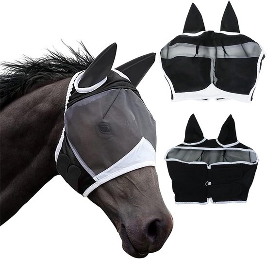 Comfortabel Vliegendek voor Paarden met UV-bescherming, Oorbedekking en Rekbare Ogen - Zwart (L)