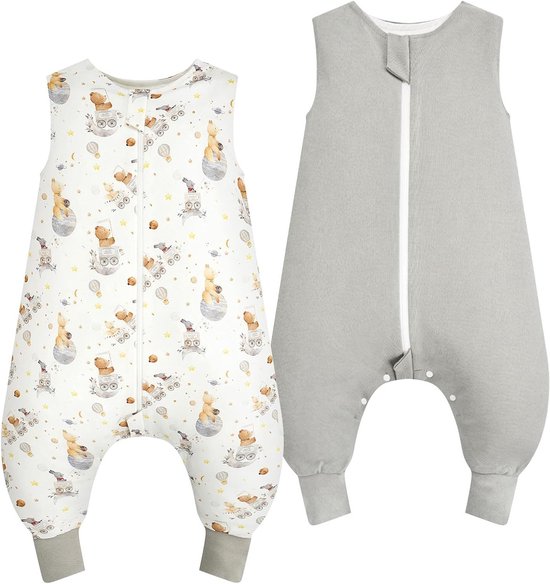 Comfortabele Slaapzak met Voetjes voor Baby's, 1.0 Tog, 100% Katoen, 2-Pack, Geschikt voor Jongens en Meisjes, Fantasy Bear + Grijs, 70 cm (2 Stuks)