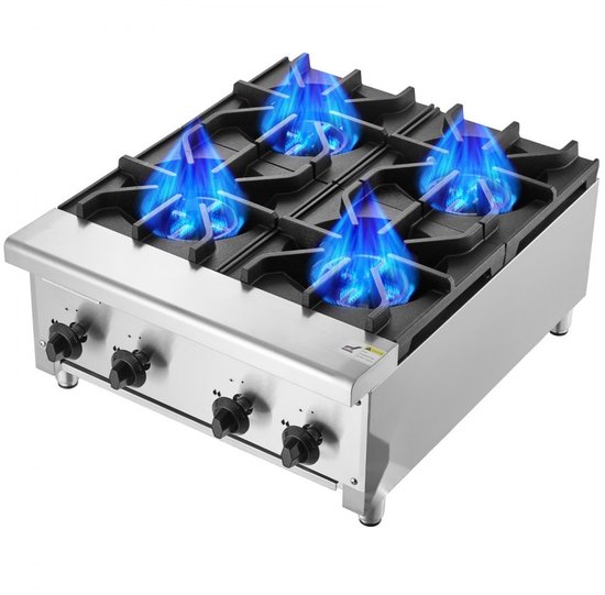 Commercieel gasfornuis - Gaskookplaat 4-pits - Geschikt voor propaan en aardgas - RVS - Vermogen 28 kW - Afmetingen 61 x 77,5 x 33,5 cm - Voor horeca