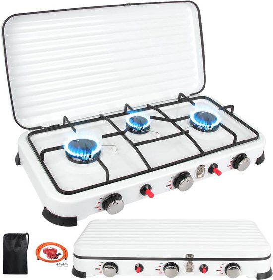 Compact 3-pits Gaskooktoestel voor Camping – 5,4 kW, Inclusief Slang en Gasdrukregelaar