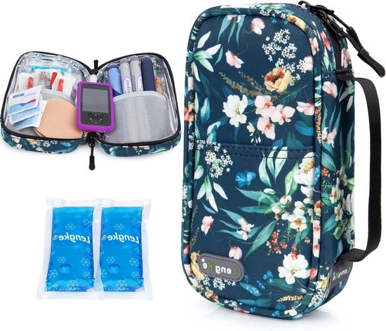 Compacte insuline koeltas met blauwe camelia, ideaal voor onderweg, met ruimte voor medicatie en koelelementen van Merkloos