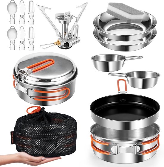 Complete Camping Kookset met Opvouwbare Campingkachel, 15-delige Keramische Antiaanbakset met Borden, Kommen, Bestek voor Kamperen, Wandelen en Picknicken