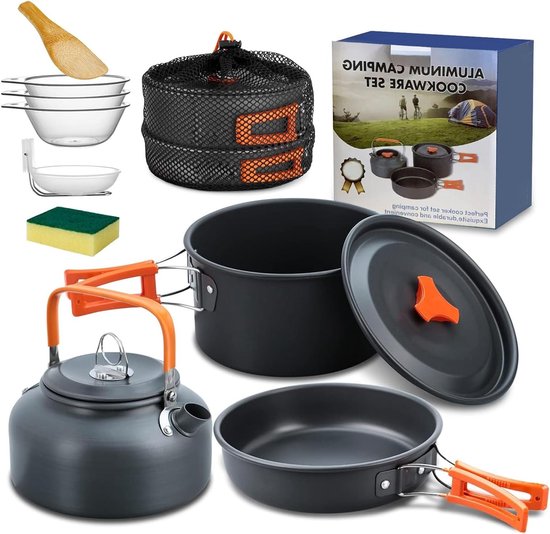 Complete Kookset voor Kamperen, 10-delige Pannenset voor 2-4 Personen, Ideaal voor Hiking, Picknick en BBQ