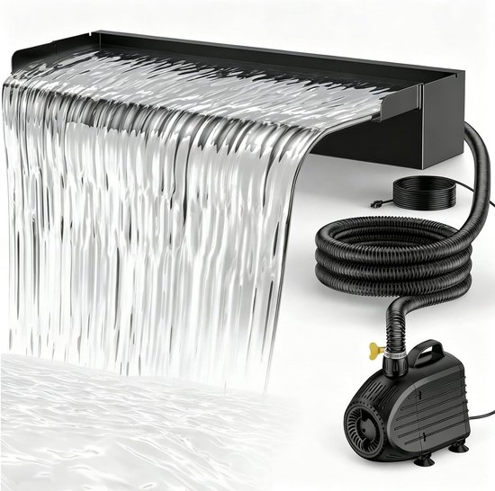 Complete roestvrijstalen watervalset met 80 W pomp en 60 cm watervalblad voor tuinvijver, koivijver en zwemvijver, ideaal voor tuindecoratie en waterspelletjes