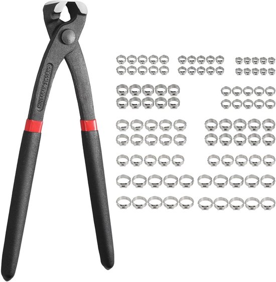 Complete Set van 100 RVS Slangklemmen met Tangen voor Stepless en Single Ear Klemmen, Inclusief Crimping Tools en Assortiment Slangklemmen