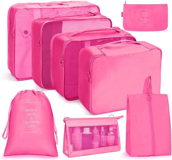 Compressie Inpak Cubes Set van 8 Stuks voor Reisorganizers en Koffers - Ideaal voor Kleding en Bagage, Roze Rood