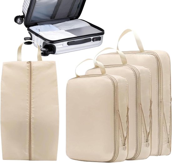 Compressie Packing Cubes - Reis Opbergzakken - Efficiënt Inpakken - Dubbele Rits Compressie - 4 Delig - Beige