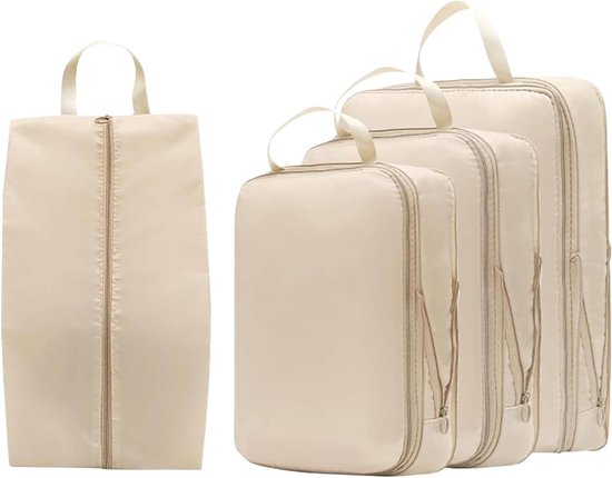 Compressie Packing Cubes - Reis Opbergzakken - Efficiënt Inpakken - Waterdicht Keperstof - 4 Stuks - Beige