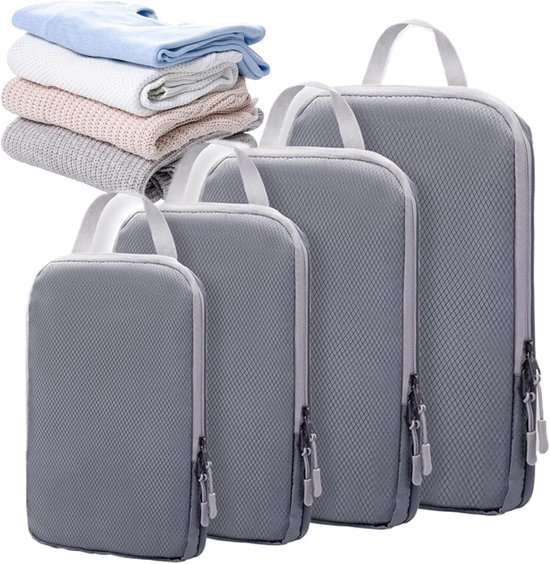 Compressie Packing Cubes - Reis Organizer Vacuüm Zakken - Bagage Organiseren - Efficiënt Ruimtebesparend - 4 Stuks Set - Grijs