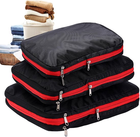 Compressie Packing Cubes - Reis Tassen - Kleding Opbergen - Dubbele Rits Compressie - 3 Delig - Zwart