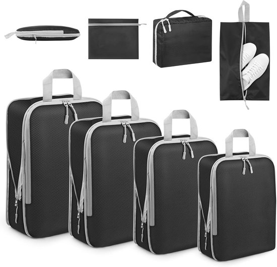 Compressie Pak Cubes Set van 7 Stukken – Organiseer je Koffer, Handbagage en Rugzak – Waterdicht, Ruimtebesparend en Duurzaam van Merkloos