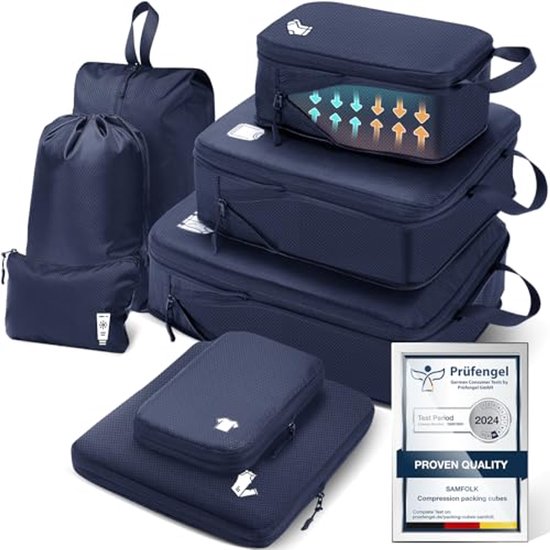 Compressie Verpakking Kubussen - 8-delige Set voor Reisorganizer - Waterdichte Reiszakken voor Handbagage - Essentieel voor Reizen - Blauw van Merkloos