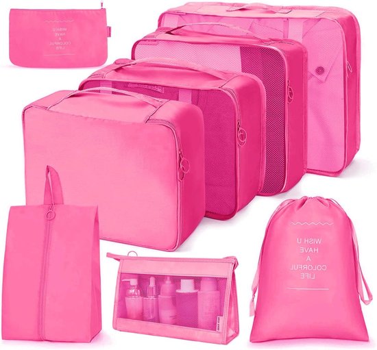 Compressiezakken voor Kleding - 8-delige Set Reisorganizer voor Koffers en Bagage in Roze