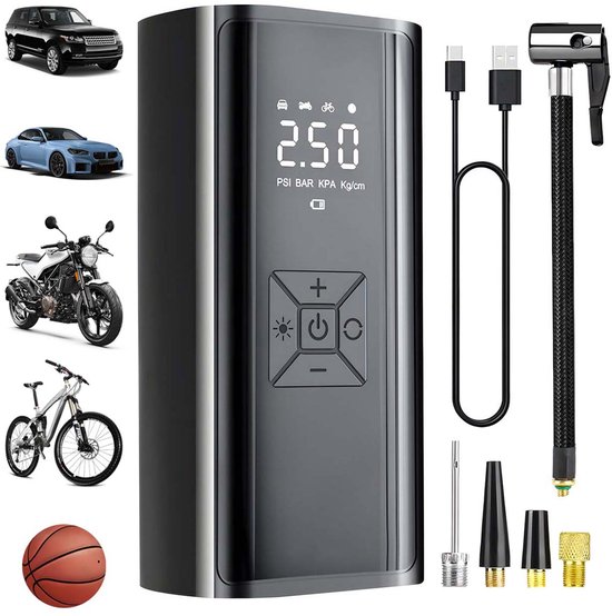 Compressor Bandenpomp - Draagbare Luchtcompressor - 7000Mah - Elektrische Fietspomp Voor Fiets Auto Motor Bal Luchtbed - Zwart, 16 x 8 x 6 cm