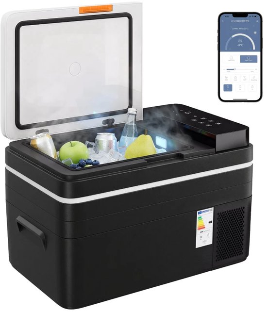 Compressor Koelbox - 30 L - Compressorkoeler - Koelkast - Elektrische Koeler met App-bediening, LED-verlichting, USB-poort & batterijbeveiliging - AC/DC - 12V-24V/100-220V - Voor auto en huis - Outdoor camping benodigdheden - Zwart + Grijs
