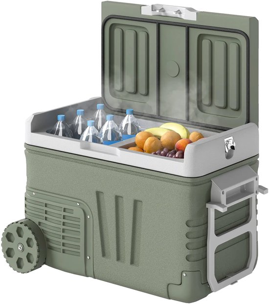 Compressor Koelbox - 33 L - Campingkoelkast - AC/DC - 12V-24V/100-240V - Draagbare autokoelkast met 2 compartimenten en wielen - Reiskoelbox - Groen van Merkloos