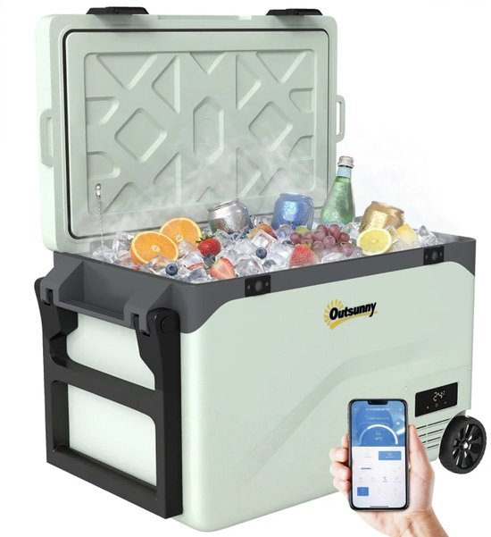 Compressor Koelbox - 42,5 L - tot -20°C - Stille Elektrische Koelkast - Autokoelkast - Koeler met Bluetooth, Rolhandvat & Telefoonhouder - AC/DC - 12V-24V/100-240V - Voor Auto & Huis - voor Boten, Campers en op Reis - Groen + Zwart
