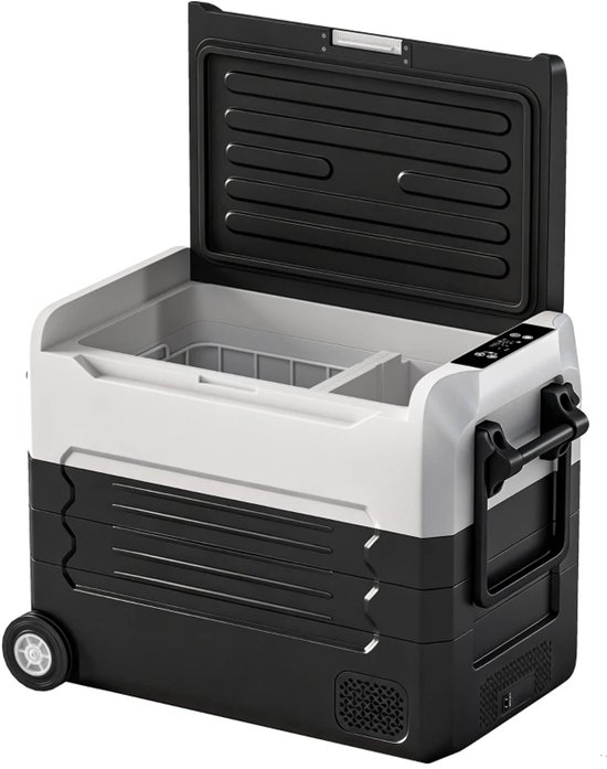 Compressor Koelbox - 50 L - Compressorkoeler - Koelkast - Koeler met App-gestuurde LED-indicator, Inklapbare Handgreep & Temperatuurregeling in Twee Zones - AC/DC - 12V-24V/100-220V - Voor auto en huis - Outdoor camping benodigdheden - Zwart + Wit
