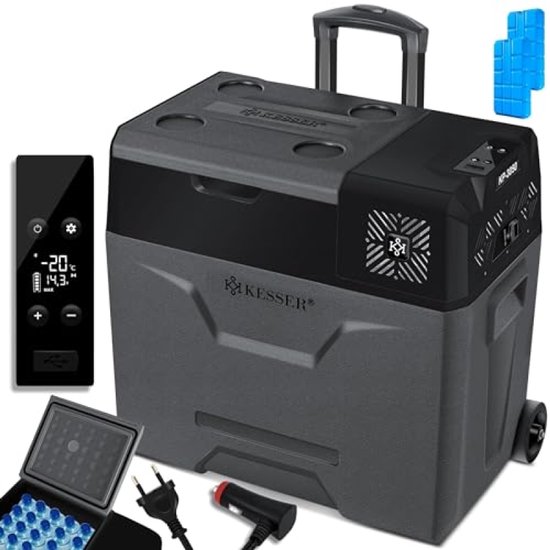 Compressor Koelbox 50 Liter - Elektrische Vriezer met APP-bediening, 12/24V en 230V, telescopische stang, wielen, tot -20°C voor auto, camper, boot en camping - Antraciet