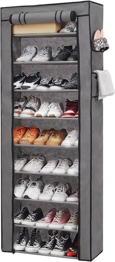 Concorde Mobiele schoenenkast/opbergkast met 9 leg niveaus - opvouwbaar - grijs - 58 x 30 x 158 cm van Concorde