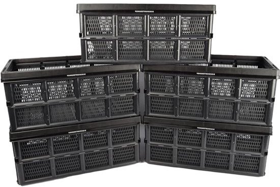 Convenient 32 Litre Folding Crate: Plastic Foldable Storage Box in Black with Two Handles - 50X21X33Cm - Lightweight Portable Design For Various Uses - Set Of 5