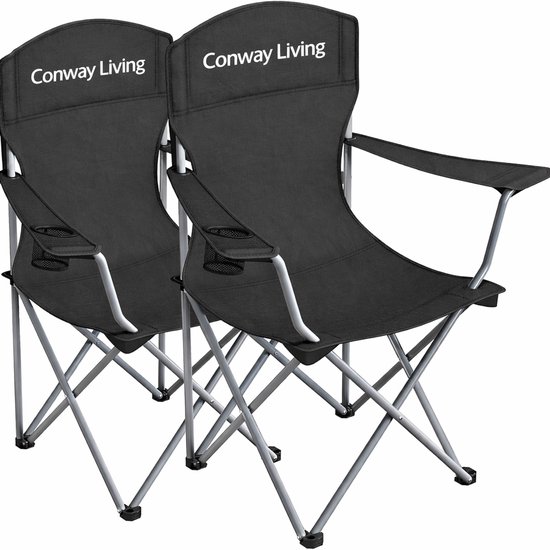 Conway Living® XXL Campingstoel - Opvouwbaar - Set van 2 - tot 150 kg- Hoge Rugleuning - vouwstoel - outdoor - met armleuningen- Visstoel Klapstoel – met Draagtas – Zwart