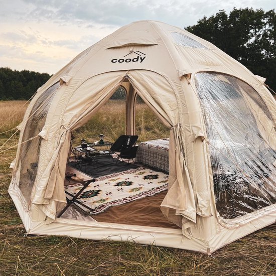 Coody 17.6 AURORA DOME - Air Tent - Opblaasbare glamping tent - 4–6 persoons - 19,6 m² - TC-stof (35% katoen, 65% polyester) - PU3000 mm waterdicht - Ademend en sterk - AAA+ schimmelbestendigheid - Brandwerend PVC - Sand/Beige van Coody
