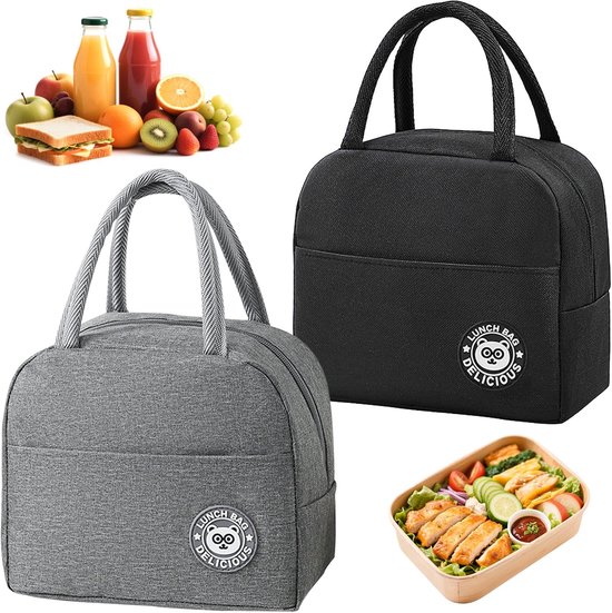 Cooler Bag - Kleine Reis Lunch Tas - 7L Vouwbare Koeltas met Folie Liner - Zwart en Grijs Thermo Tas voor Voedsel - Lunchtas voor School - Picknick - Reis - Kantoor - Set van 2 van Merkloos