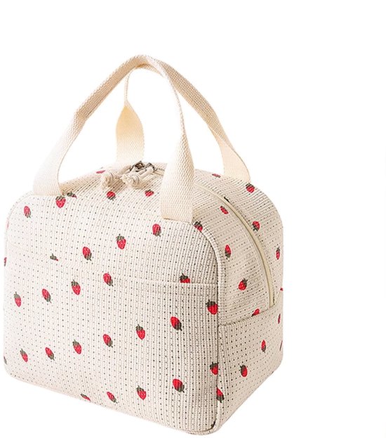 Corduroy Koeltas - Crème Aardbei | 26 x 21 x 17 cm | Nylon | Lunchtas | Fashion Favorite
