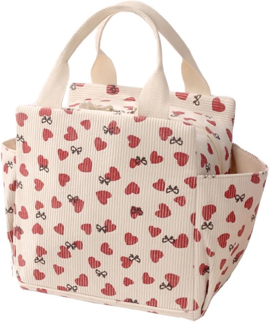 Corduroy lunchtas voor dames en heren, schattige lunchtassen, herbruikbare geïsoleerde lunchbox, waterfleshouder, zijvakken, grote capaciteit, herbruikbare geïsoleerde koeltas voor werk/picknick/reizen (Corduroy Love) van Merkloos