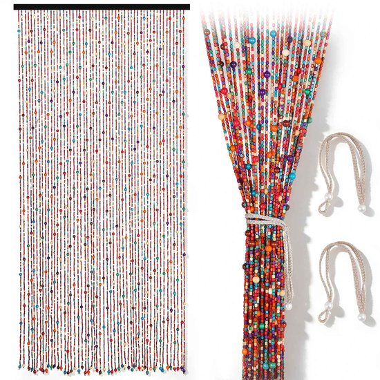 CORE Bamboe Kralengordijn - Deurgordijn met 52 Strengen - Bohemian Hanggordijn Inclusief 2 Linnen Linten - Decoratief Bamboegordijn voor Deuren, Deuropeningen, Balkons, Cafés, Woonkamers en Gangen - Eenvoudige Ophangmontage - 200x90cm - Kleurrijk
