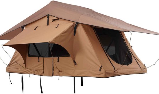 CORE Daktent - Autodaktent - Opvouwbare daktent - Harde schaal - 2 tot 3 personen - PVC hoes - Waterdicht - UV-bestendig - Inclusief verstelbare ladder - Voor SUV Pick-up Vrachtwagen etc. - Vouw afmeting 125.5x144x25.5cm - 265x336x132cm - Bruin