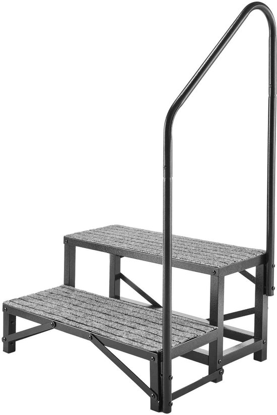 CORE RV Opstap - Camper trapje - Caravan trapje - Opstap trapje met 2 treden en leuning - Draagvermogen 300kg / 660lbs - Leuning hoogte 76.5-112cm - 71.5x53x33.4cm - Grijs