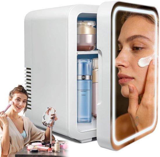 Cosmetische Koelkast - Skincare Fridge - Mini Koelkast 4L - Make-up Koelkast - LED Spiegel - 3 Dimstanden - Koelen & Verwarmen - Auto Koelkast - 220V & 12V - Thuis & Auto - 27x22x18 cm - Voor Huidverzorging & Maskers & Drankjes - Wit