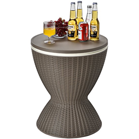 COSTWAY 3-in-1 Cool Bar, in hoogte verstelbare bijzettafel, 30 liter, outdoor bier- en wijnkoeler in rotanlook, drankkoeler met afvoergat, voor terras, party, zwembad, bruin van Merkloos
