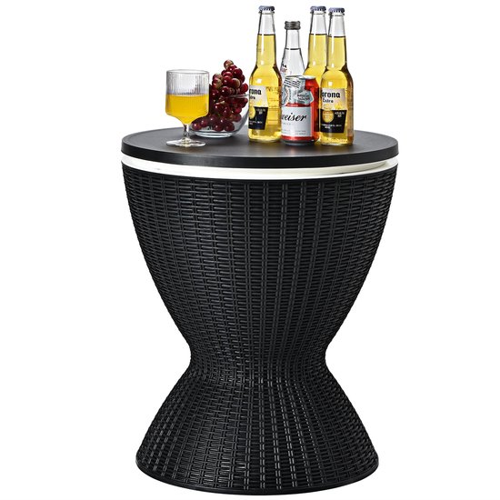 COSTWAY 3-in-1 Cool Bar, in hoogte verstelbare bijzettafel, 30 liter, outdoor bier- en wijnkoeler in rotanlook, drankkoeler met afvoergat, voor terras, party, zwembad, zwart van Merkloos