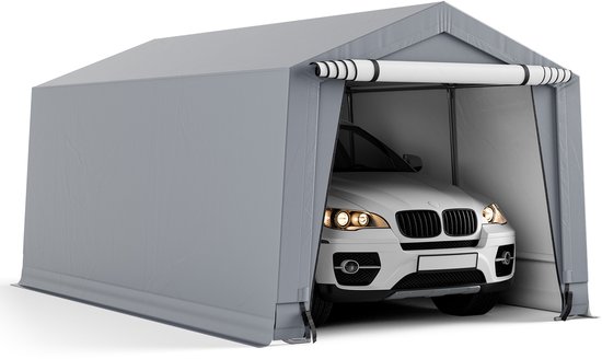 COSTWAY 483 x 300 CM Carport, Zwaar Gegalvaniseerd Staalframe, Draagbare Garage Grote Autoluifel met Deuren, Driehoekige Balken, Het hele seizoen Autoschuilplaats van Costway