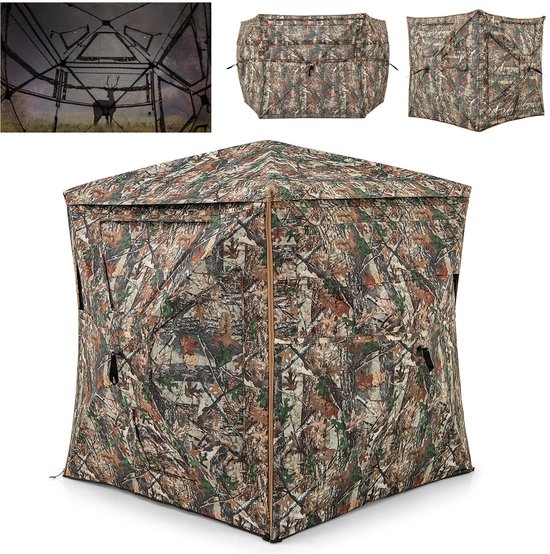 COSTWAY 5-delige demonteerbare jachtverstopplaats voor 2-3 personen, 360° doorzichtige jachttent voor de jacht op herten en wilde zwijnen, opklapbare camouflagetent met draagtas en te openen dakraam van COSTWAY
