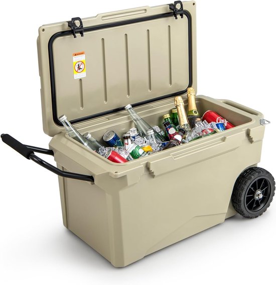 COSTWAY 71 l draagbare koelbox, grijs, incl. aluminium handvat en grote wielen, warmtecontainer met flesopener en afvoersysteem, thermobox, belastbaar tot 100 kg, voor camping, picknick, vissen van Costway