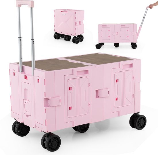 COSTWAY Bolderkar, opvouwbaar, handwagen met tafelblad, 2 opbergkisten, verstelbare handgreep en bekerhouders, 150 l, tuinwagen tot 60 kg belastbaar, transportwagen voor camping (roze) van Merkloos