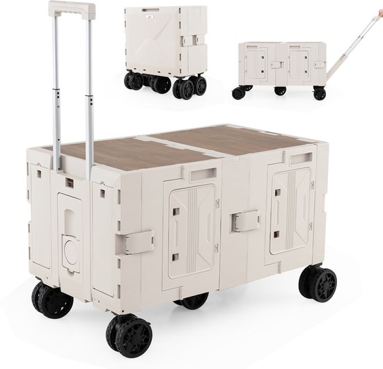 COSTWAY Bolderkar, opvouwbaar, handwagen met tafelblad, 2 opbergkisten, verstelbare handgreep en bekerhouders, 150 l, tuinwagen tot 60 kg belastbaar, transportwagen voor camping, wit van Merkloos